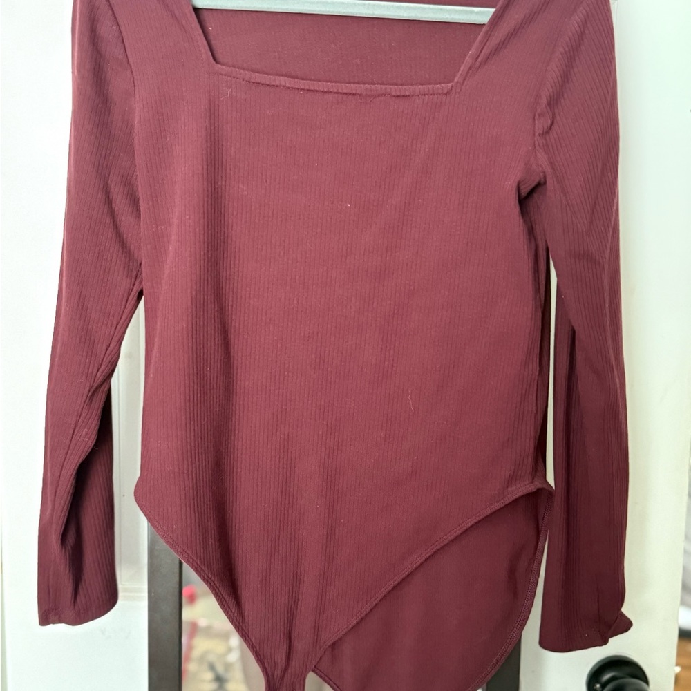 Burgundy Long Sleeve Ribbed Bodysuit